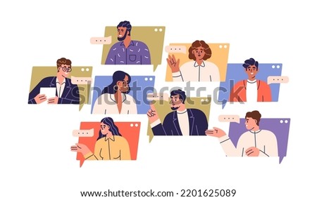 Online remote video conference call. Business communication via internet concept. Virtual distant work of people, colleagues team. Flat graphic vector illustration isolated on white background.