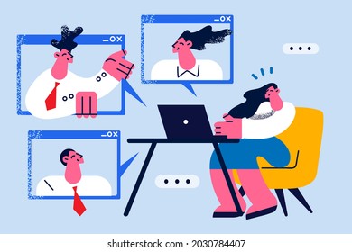 Online remote video conference concept. Group of business people partners having remote video conference chat online on laptops during quarantine vector illustration 