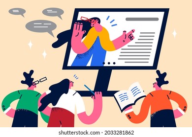 Online remote video conference and elearning concept. Group of business people or teacher and students having remote video conference or education lesson vector illustration 