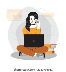 Online Remote Work Concept,  Illustration. Girl Sitting At A Computer, Laptop. Online Training, Conference, Webinar, Courses, Lessons, Master Classes, Training Video, Work, Online Sales And Purchases