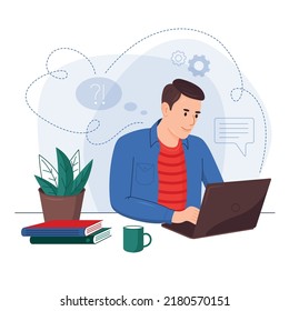 Online remote work concept, vector illustration. Man sitting at a computer, laptop. Online training, conference, webinar, courses, lessons, master classes, training video, work, online sales