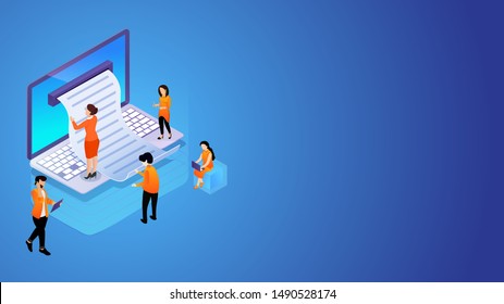 Online report from laptop with working people character on blue background for Teamwork concept based isometric design.