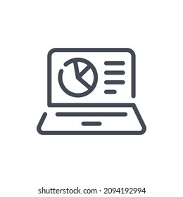 Online report line icon. Laptop with pie chart diagram vector outline sign.