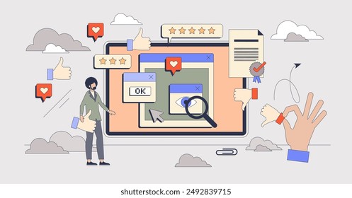 Online reputation and client feedback rating tiny person neubrutalism concept. Customer satisfaction or quality evaluation and experience vector illustration. Social media reactions for business post
