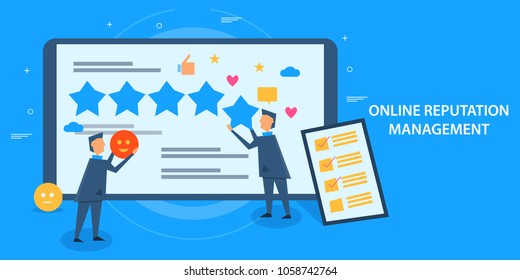 Online Reputation Management - Business Reputation - Flat Design Vector Banner With Characters And Icons