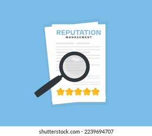 Online Reputation Management, Client Rating Document papers.  Business concept logo design. Analyze stars rating to increase satisfaction. Market analysis, social media vector design and illustration.