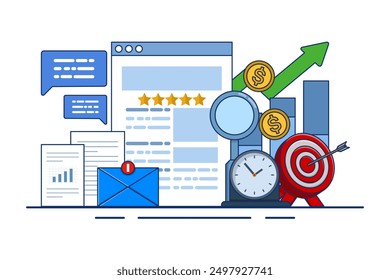 Online reputation management concept, online review management for service feedback monitoring outline. Customer satisfaction research. business brand building. digital strategy marketing path.