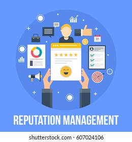 On-line Reputation Management. Happy Client, Building Website Trust Vector Concept With Icons