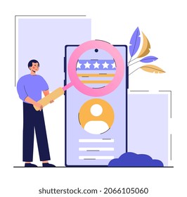 Online Reputation Management. Man Holds Magnifying Glass And Checks Rating On Smartphone Screen. Users Give Feedback To Improve Quality Of Service. Comment Or Review. Cartoon Flat Vector Illustration