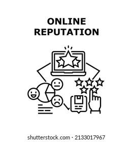 Concepto de icono del vector de reputación en línea. Calificación Del Usuario O Comentarios Del Cliente Sobre El Servicio De Entrega O La Calidad De Los Bienes, Gráfico De Reputación En Línea Investigando Al Empresario En Laptop Black Illustration