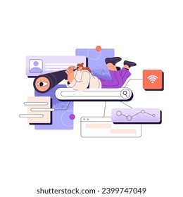 Online research concept. People explore internet using search engine, browser. HR browsing user profile for hiring. Girl watching in spyglass. Flat isolated vector illustration on white background