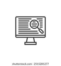 ícone de linha de pesquisa online. sinal de estilo linear para conceito móvel e web design. Uma lupa sobre uma tela de computador com um ícone de vetor de contorno de texto. Símbolo, ilustração de logotipo. Gráficos vetoriais