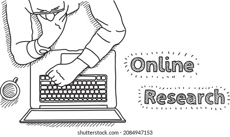 Online research - sketchy hand-drawn vector illustration. Man with the laptop and coffecap, online research.