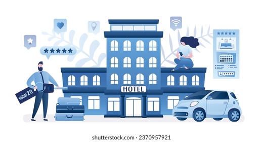 Online reservation of apartments. Couple of tourists come in hotel. Man holds key, woman use smartphone. Vacation and summertime banner. Modern hotel building and services icons. Vector illustration