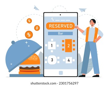 Online reservation concept. Man near smartphone screen chooses table in cafe or restaurant. Young guy near tray with hamburger. Cultural rest and leisure. Cartoon flat vector illustration