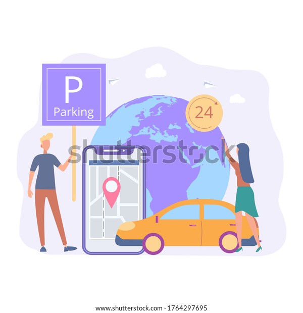 Online\
reservation of a parking space for a car. Reserve a parking space,\
car parking service. Colorful vector\
illustration.