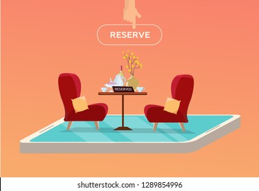 Online reserved table in cafe. Concept Reserved in restaurant. Table on one leg with 2 soft comfortable red armchairs with dishes, kettle and cups, with sign Reserved. Flat cartoon vector illustration