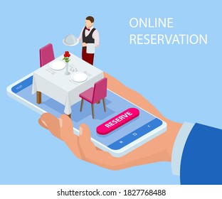 Online reserved table in restaurant. Concept Reserved in cafe. Isometric concept of table online reservation, mobile booking.