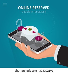 Online Reserved Table In Restaurant.  Concept Reserved In Cafe. Flat 3d Isometric Vector Illustration. 