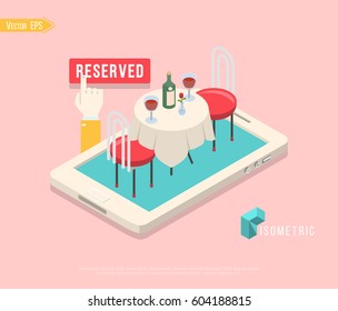 Online Reserved Table In Restaurant. Concept Reserved In Cafe. Flat 3d Isometric Vector Illustration.