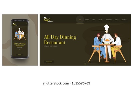 Online Restaurant app in smart phone with chef serving chicken to customers man sitting on dining table.