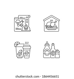Online restaurant delivery linear icons set. Vegan menu. Home-cooked meals. Drinks and beverages. Customizable thin line contour symbols. Isolated vector outline illustrations. Editable stroke