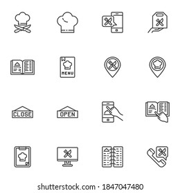 Online restaurant line icons set, outline vector symbol collection, linear style pictogram pack. Signs logo illustration. Set includes icons as restaurant menu, cook hat, online food delivery, support