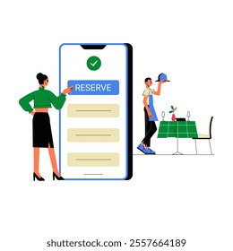 Online Restaurant Reservation With Female User And Waiter In Flat Vector Illustration Symbolizing Hospitality, Dining, And Digital Booking, Isolated On White Background