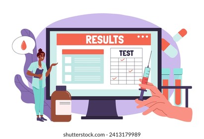 Online result concept. Woman with clipboard near syringe. Health care and medicine. Diagnosis and treatment. Poster or banner. Cartoon flat vector illustration isolated on white background