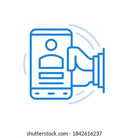 
Online resume vector line icon. Autobiography for job candidate employer. Hand holds smartphone with character avatar. Vacancies document for professionals and experienced managers.
