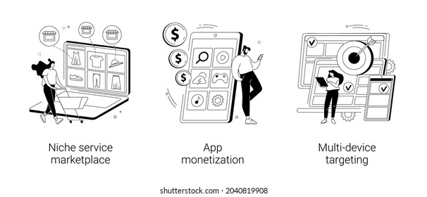 Online Retail Abstract Concept Vector Illustration Set. Niche Service Marketplace, App Monetization, Multi-device Targeting, Buy And Sell Products, Startup Launch, Mobile User Abstract Metaphor.