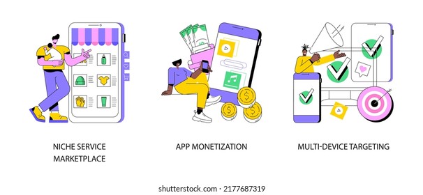 Online Retail Abstract Concept Vector Illustration Set. Niche Service Marketplace, App Monetization, Multi-device Targeting, Buy And Sell Products, Startup Launch, Mobile User Abstract Metaphor.