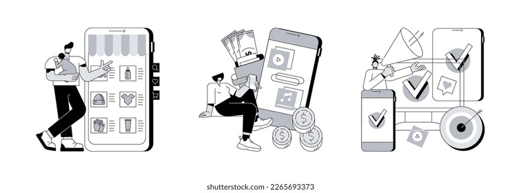 Conjunto de ilustraciones vectoriales de concepto abstracto de venta en línea. Mercado de servicios de nicho, monetización de aplicaciones, focalización multidispositivo, compra y venta de productos, lanzamiento de inicio, metáfora abstracta de usuario móvil.