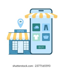 Online retail commerce vector illustration. Cartoon isolated mobile shop app on phone screen and mini store building with location pin, virtual shelves with fashion shoes and clothes for customers