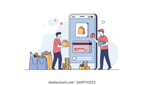 Online retail delivery services with mobile app technology and courier personnel organizing packages efficiently