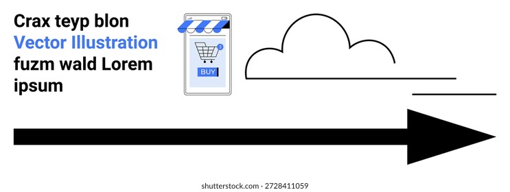 Online retail, digital transactions, e-commerce growth, modern shopping, data flow, internet utilization. Smartphone with shopping cart icon, cloud and arrow graphic. E-commerce and digital