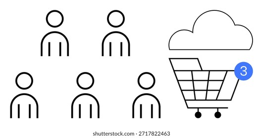 Online retail, e-commerce platforms, cloud storage, group collaboration, digital interaction, cart notifications. Minimalist icons showing people and a shopping cart linked to a cloud. E-commerce