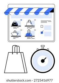 Varejo on-line, comércio eletrônico, eficiência de compras, navegação de produtos, serviços de entrega, transações digitais. Página de produto ilustrada com imagens de bolsa, saco de compras e temporizador. Varejo online