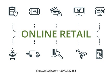 Online Retail icon set. Collection of simple elements such as the coupon, buy online, online marketplace, tracking code, delivery, cargo.