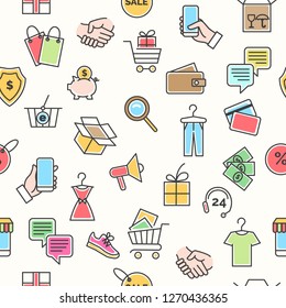 Online retail pattern. Web shopping business icons square seamless background for e-commerce sale decoration, vector illustration