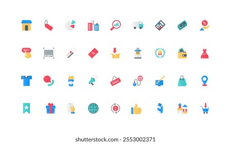 Online retail shop and marketplace sales, payment for order and delivery, store quality review color icon set. Ecommerce and shopping bag, promotion flat elements vector illustration