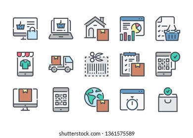 Online retail and Shopping related color line icon set. E-commerce linear icons. Online marketing colorful outline vector sign collection.