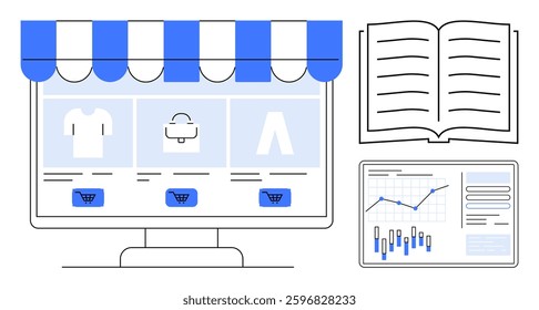 Online retail store displayed on computer monitor, accompanied by an open book and data analytics dashboard showing charts and graphs. Ideal for e-commerce, digital marketing, online learning