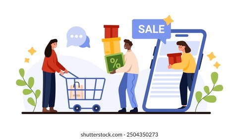 Online retail store sales, discounts offer and loyalty program bonuses promotion. Tiny people from smartphone screen giving gift boxes to customer with shopping cart cartoon vector illustration