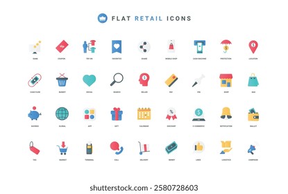 Online retail store sales, ecommerce, purchase, payment for order and delivery color icon set. Gift offer and discount, support service for customer, search flat elements vector illustration