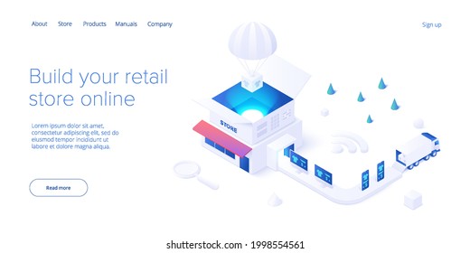 Online retail store transportation in isometric vector design. Shop delivery service and truck logistics concept. Market supply chain and shipment. Web banner layout template.