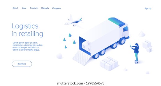 Online retail store transportation in isometric vector design. Shop delivery service and truck logistics concept. Market supply chain and shipment. Web banner layout template.