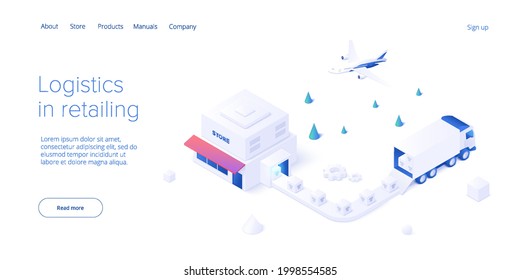 Online retail store transportation in isometric vector design. Shop delivery service and truck logistics concept. Market supply chain and shipment. Web banner layout template.