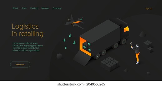 Online retail store transportation in isometric vector design. Shop delivery service and truck logistics concept. Market supply chain and shipment. Web banner layout template.