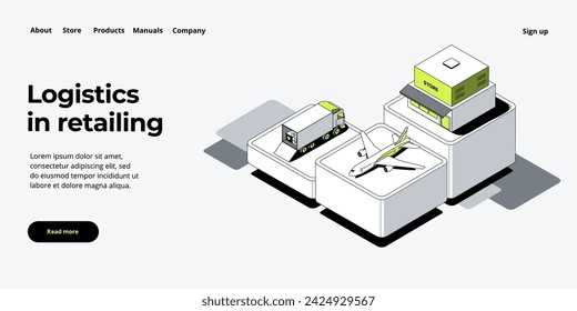 Online retail store transportation in isometric vector design. Shop delivery service and truck logistics concept. Market supply chain and shipment. Web banner layout template.